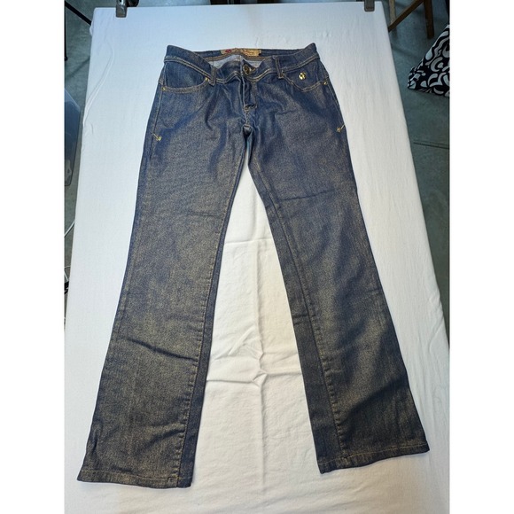 Apple Bottoms Denim - Apple Bottoms Gold Shimmer Metallic Dark Wash Straight Leg Jeans Womens 11/12